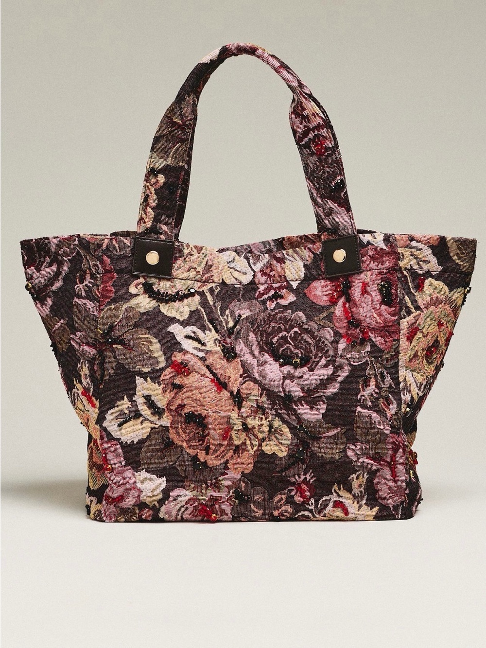 New Anthropologie Maeve Floral beaded Tote Bag brown pink tapestry embellished